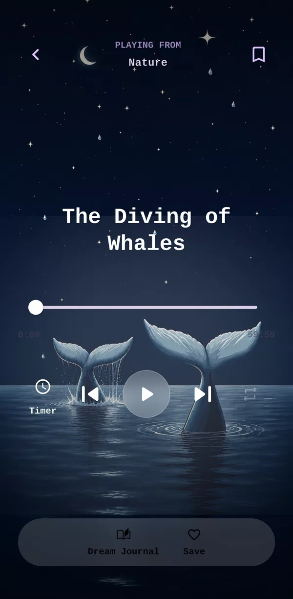 The player, playing The Diving of Whales, with whale tails rising from a night sea